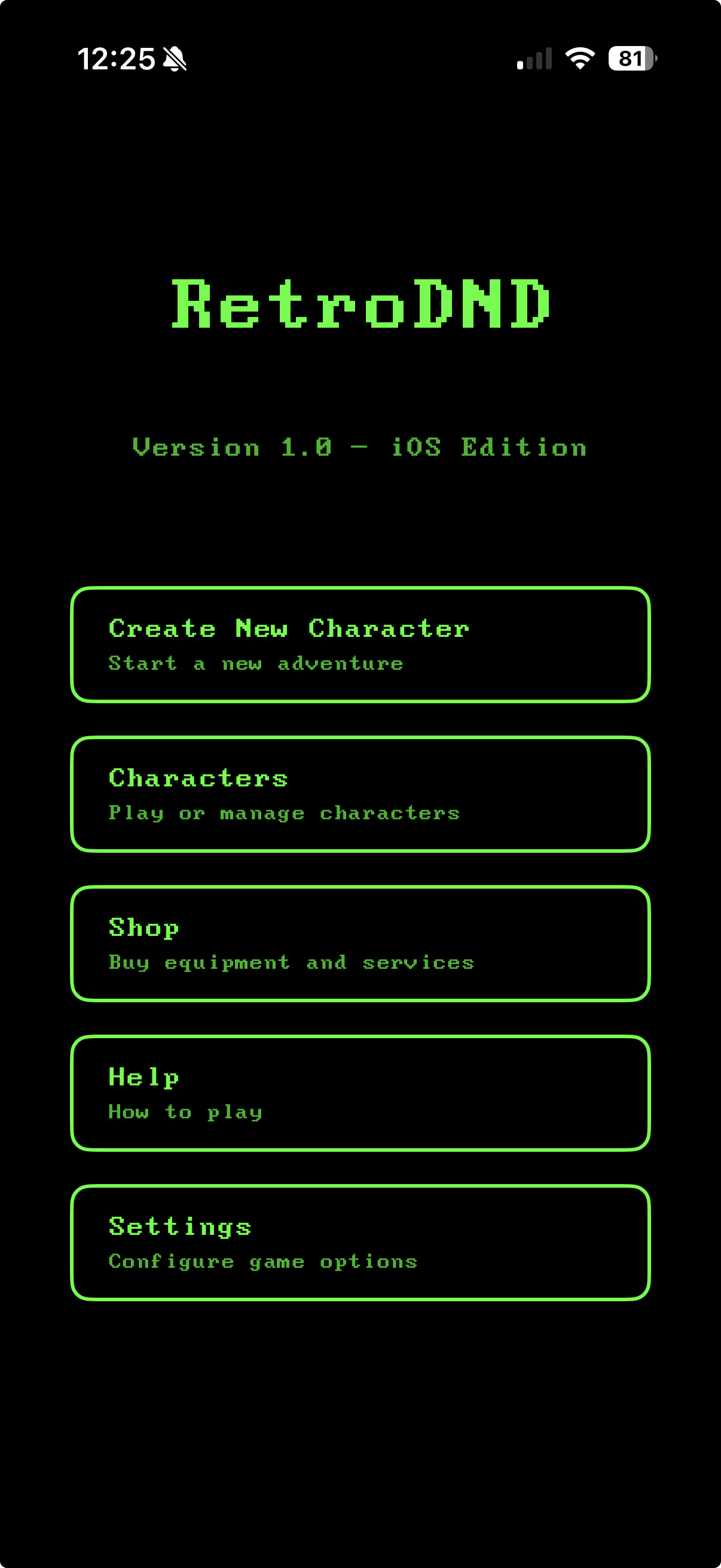 Main menu: Create New Character, Characters, Shop, Help, and Settings in green phosphor text